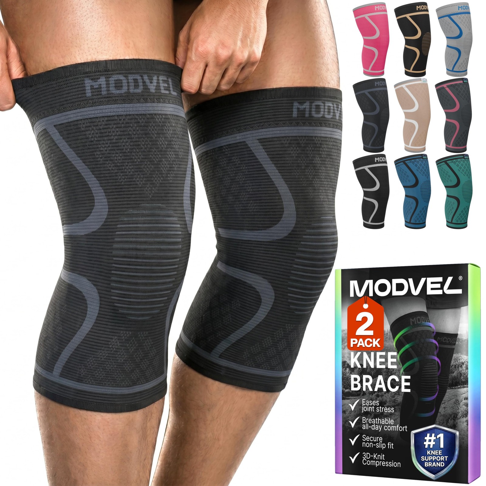 Modvel 2 Pack Knee Brace Compression Sleeve for Men & Women