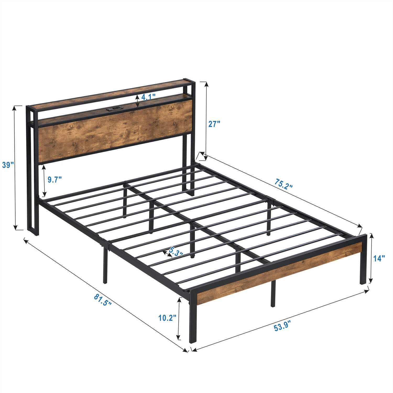 Full/Queen Size Bed Frame Metal Platform Bed w/ Wooden Headboard & LED Lights