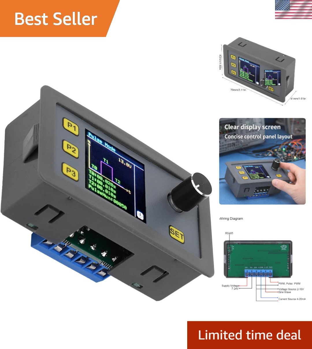Compact 3.11'' Signal Generator with PWM & Sine Wave Output - 7-24V Adjustable