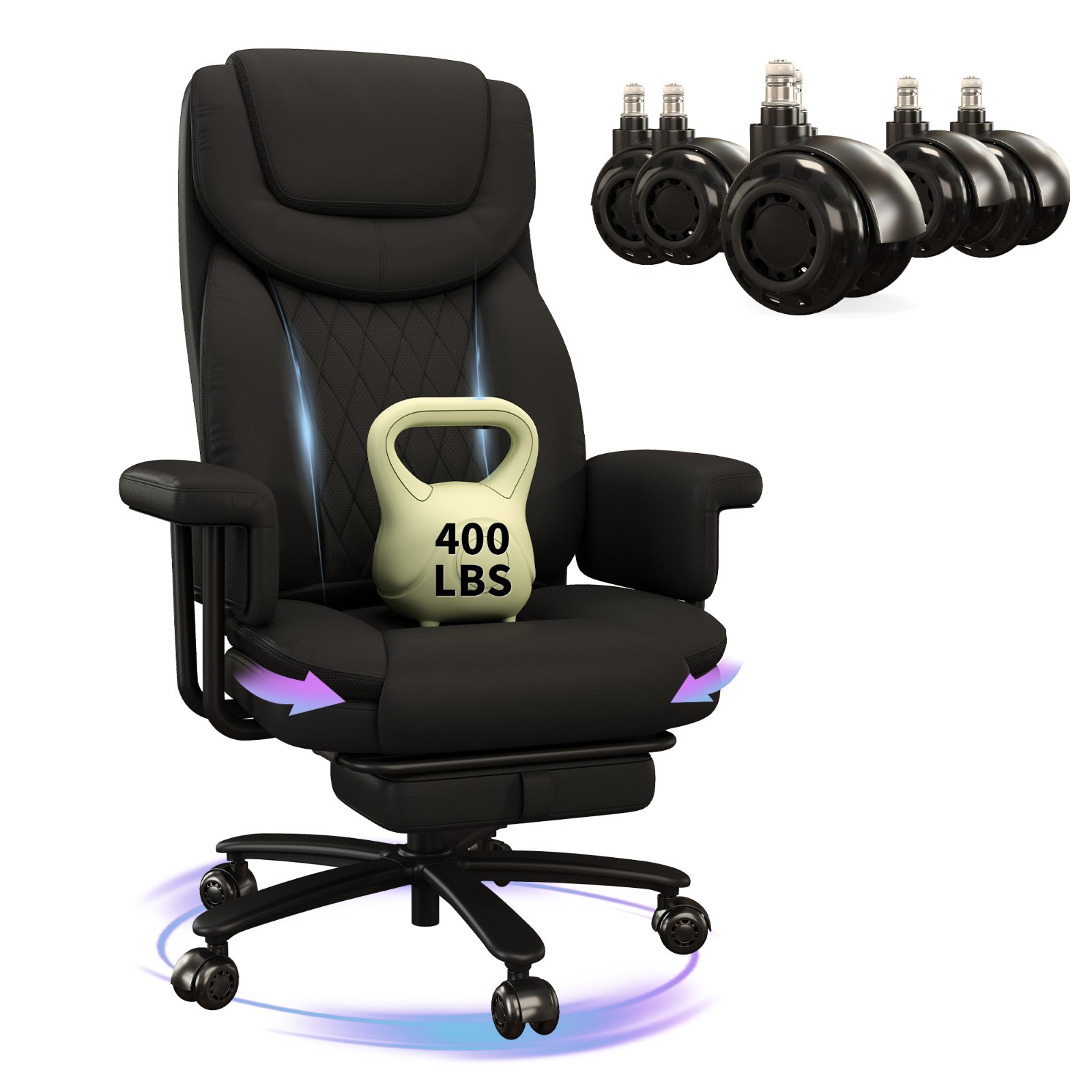 Big and Tall Office Chair 400LBS Reclining Retractable Footrest PU Quiet Rollers
