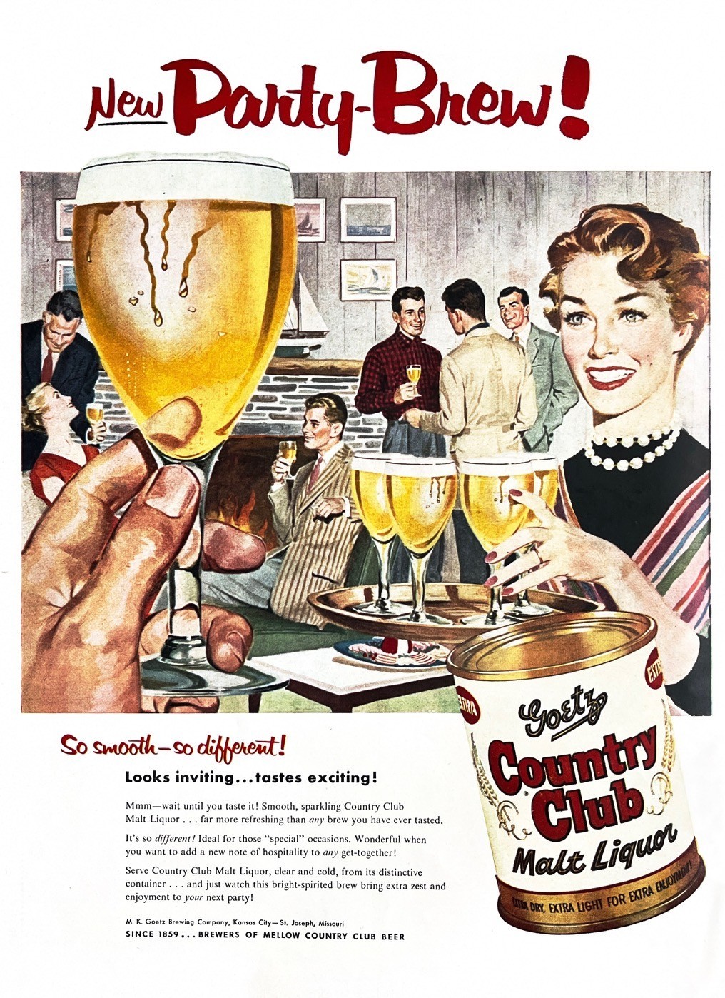 1955 GOETZ MALT LIQUOR Original Vintage Print Ad Country Club Beer 10" x 14"
