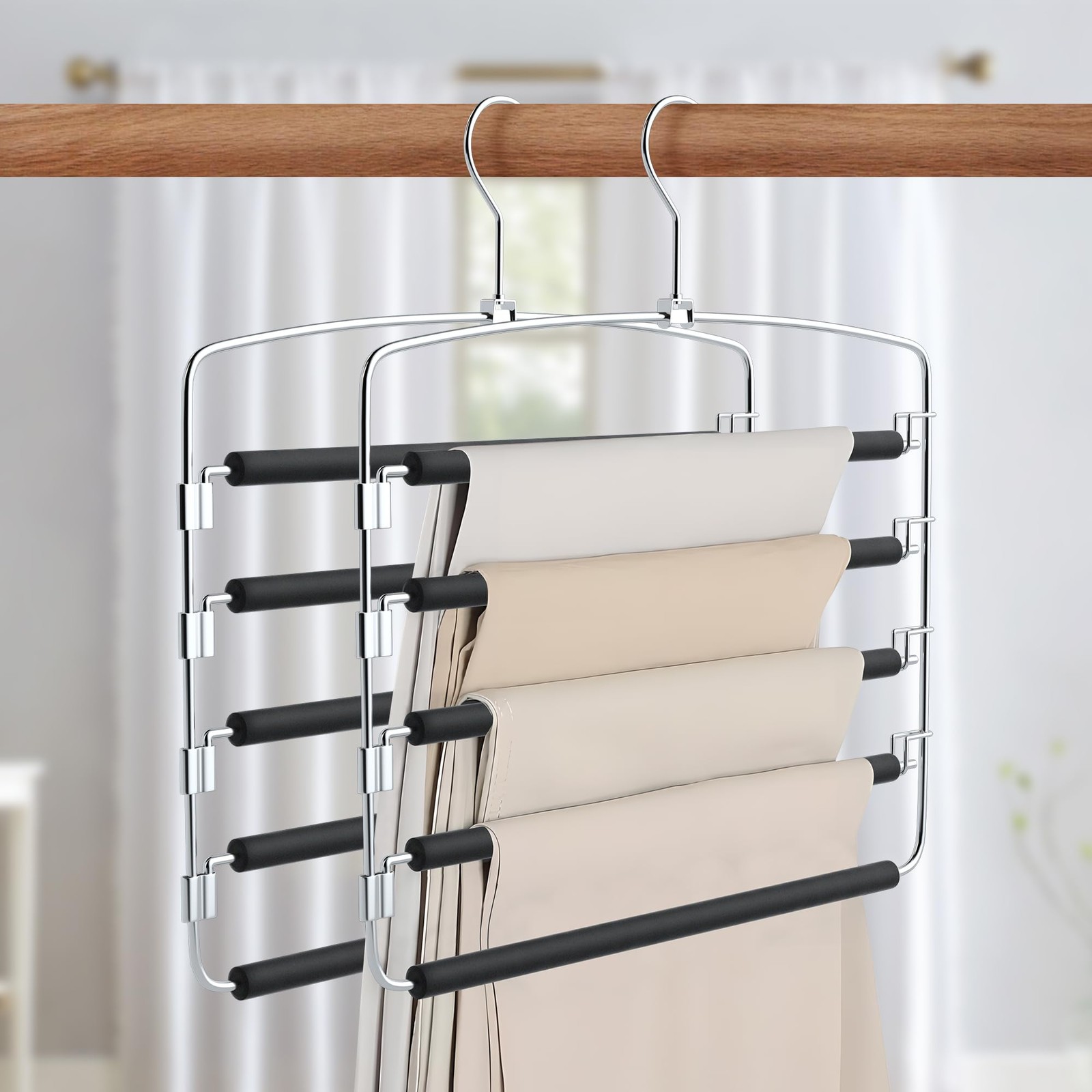 Pants Hangers Space Saving, 2 Pack Anti-Slip Space Saving Hangers, 5 Layer Sw...