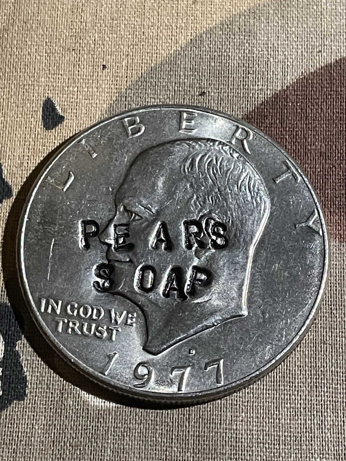 1977 D Eisenhower Dollar Counterstamped PEARS SOAP