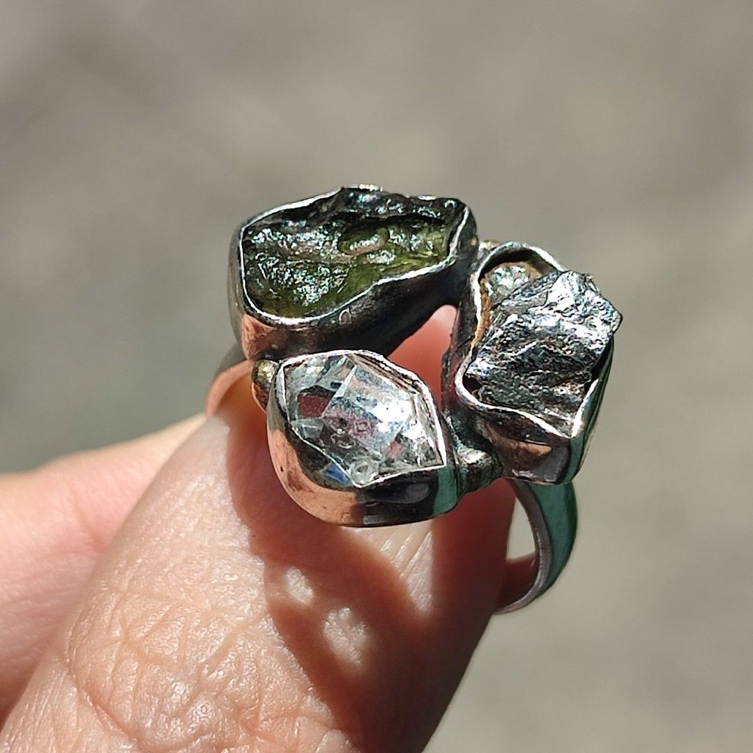 Certified Moldavite Ring, Herkimer & Meteorite Ring, 925 Sterling Silver Jewelry