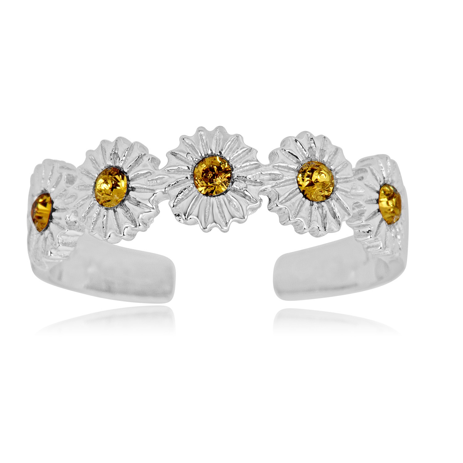 AVORA 925 Sterling Silver Adjustable Flower Toe Ring with Cubic Zirconia CZ