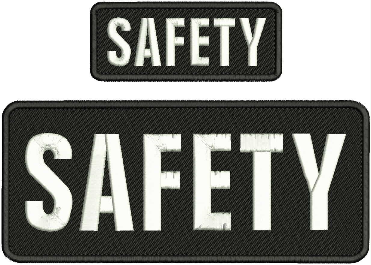SAFETY EMBROIDERY PATCHES 4X10 AND 2X5 HOOK ON BACK WHITE ON BLACK