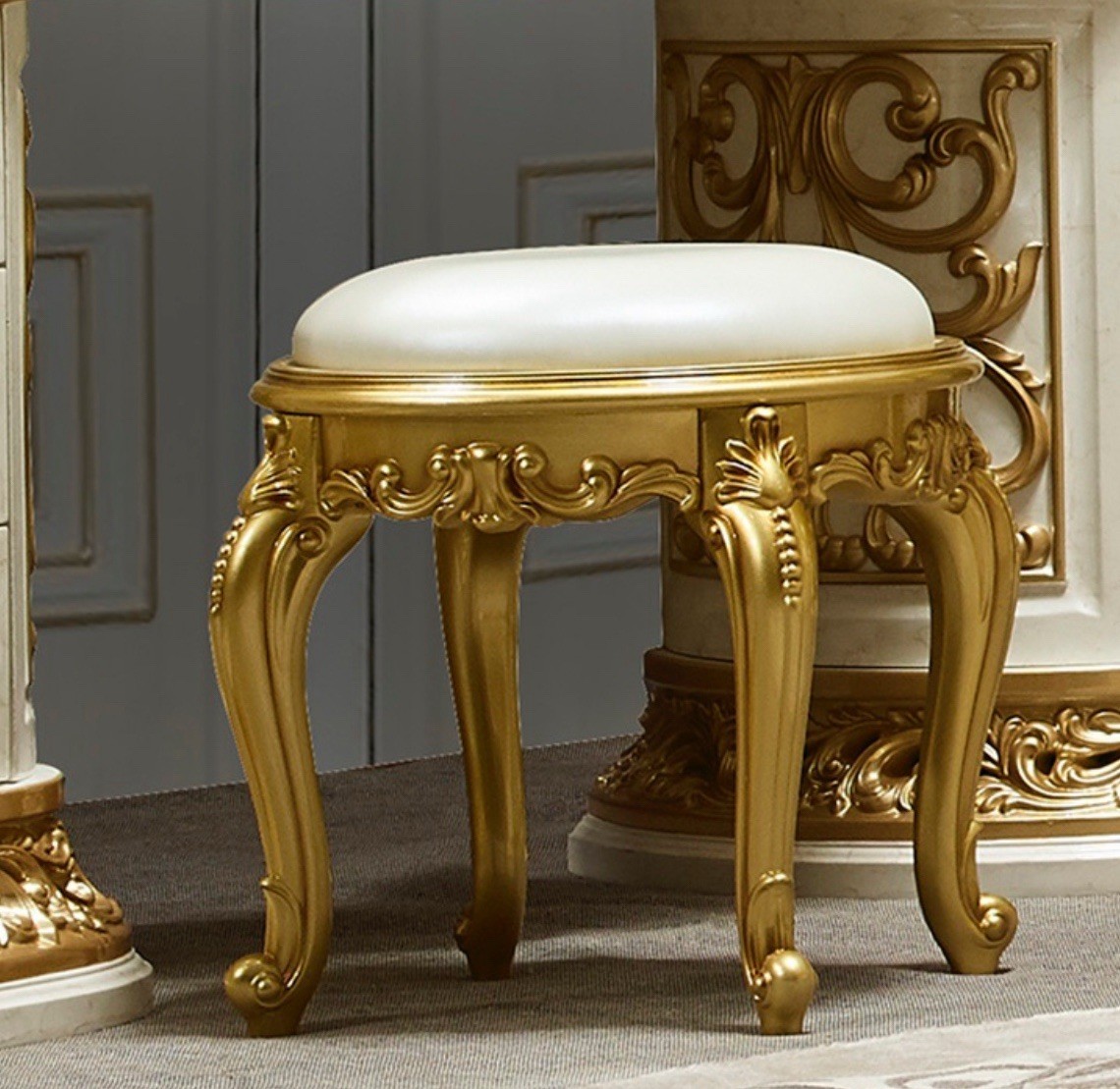 Luxury Antique White & Gold Bonded  Leather Vanity Stool