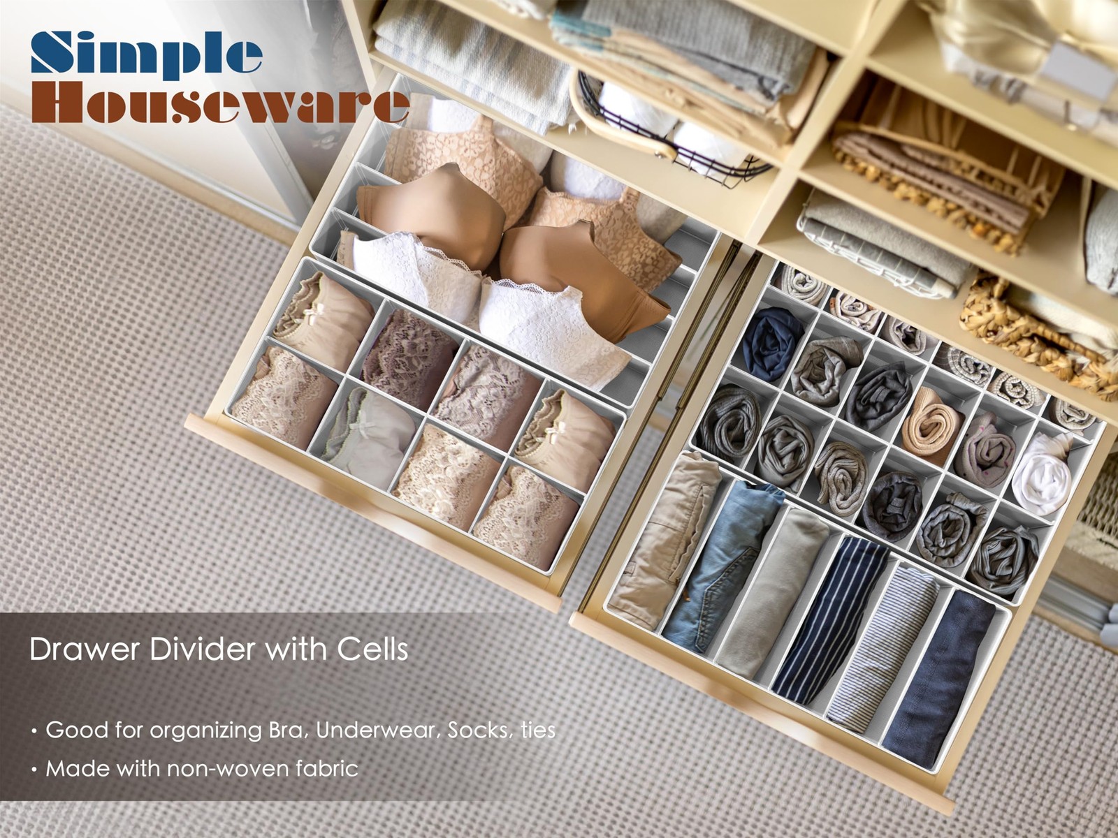 4-Pack Drawer Organizer Set for Underwear/Socks/Bra, Gray