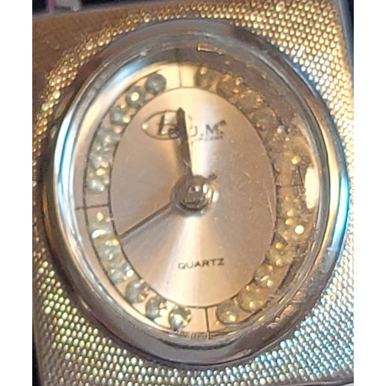 BUM Equipment Quartz Ladies Watch Silver Chain Mesh Band Rhinestones Around Face