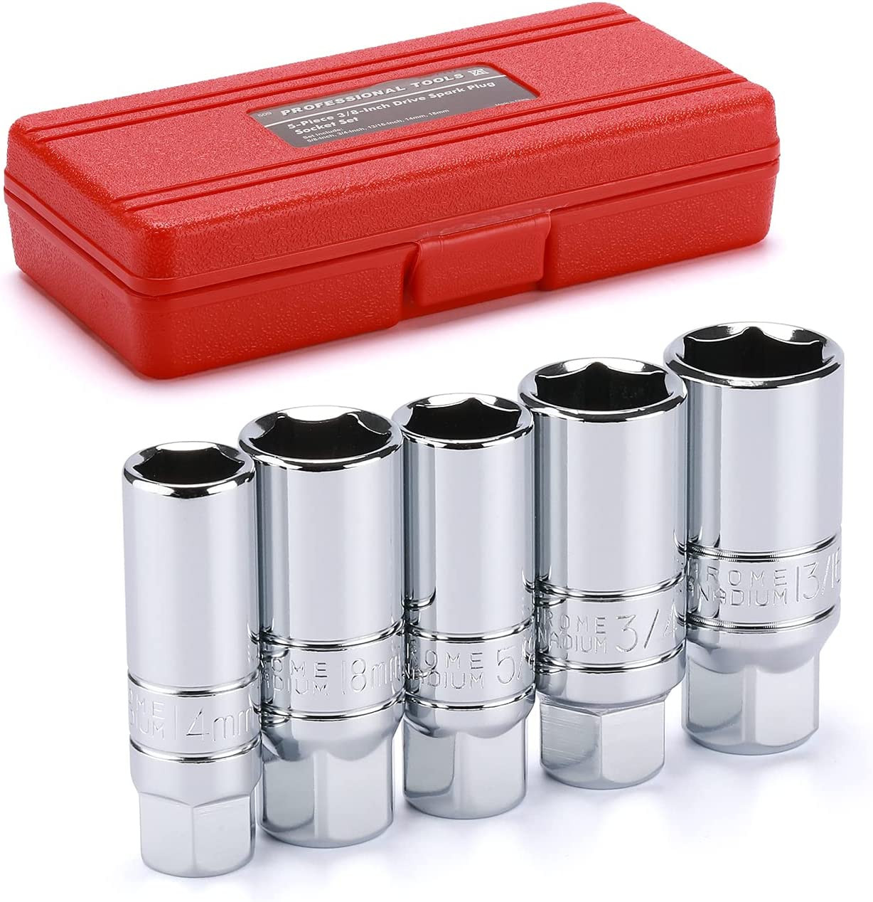5PCS 3/8" Drive Spark Plug Socket Set, CR-V, SAE and Metric, 3/8" Drive 6-Point
