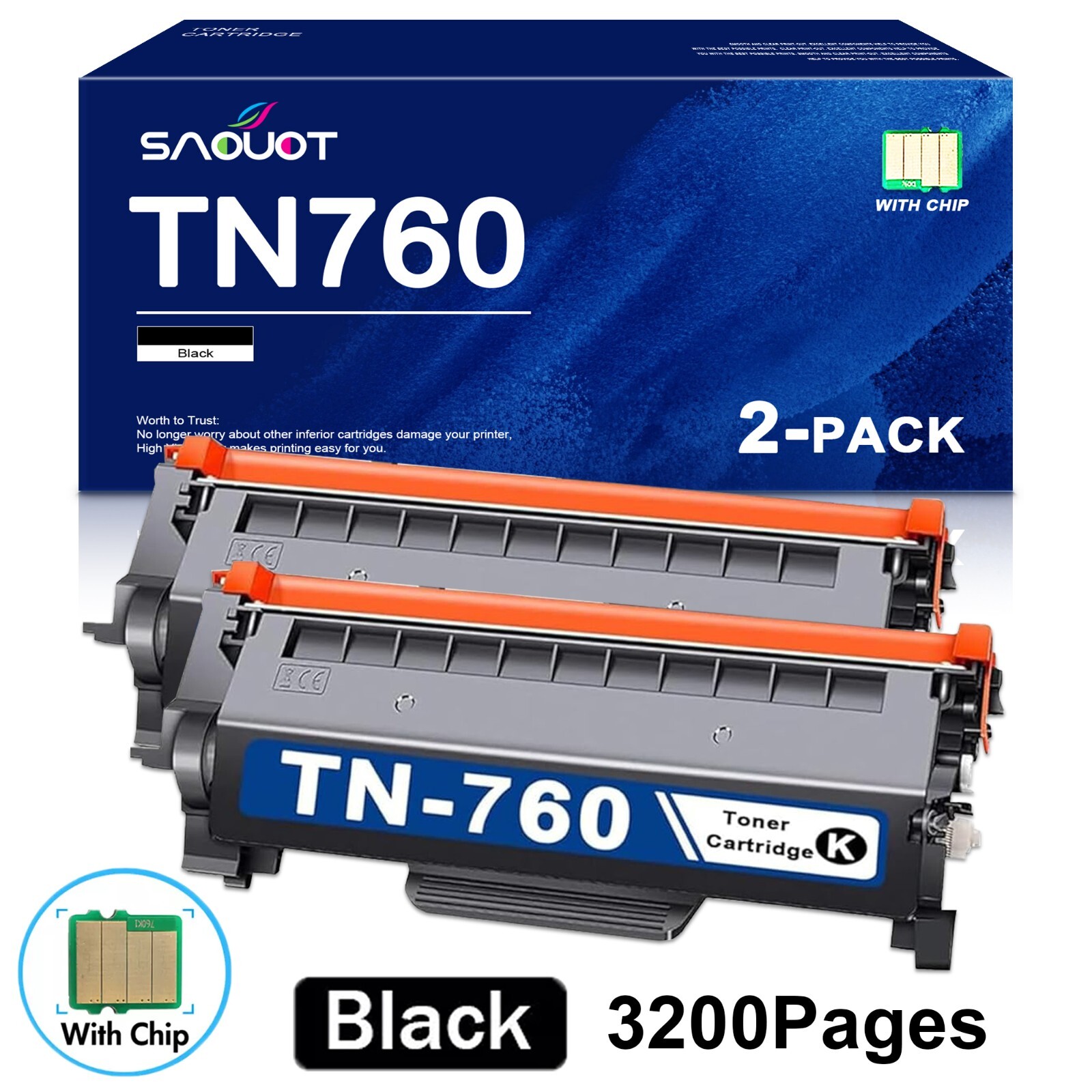 2PK High Yield TN760 Toner Cartridge For Brother MFC-L2710DW MFC-L2750DW Toner