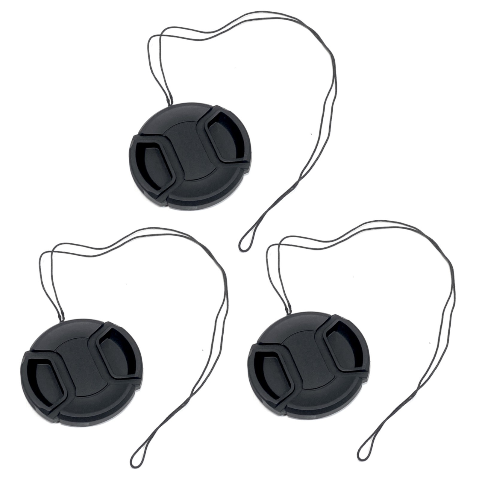 3-Pack 55mm Snap-On Lens Cap Bundle for Canon Nikon Sony Olympus w/ Leash