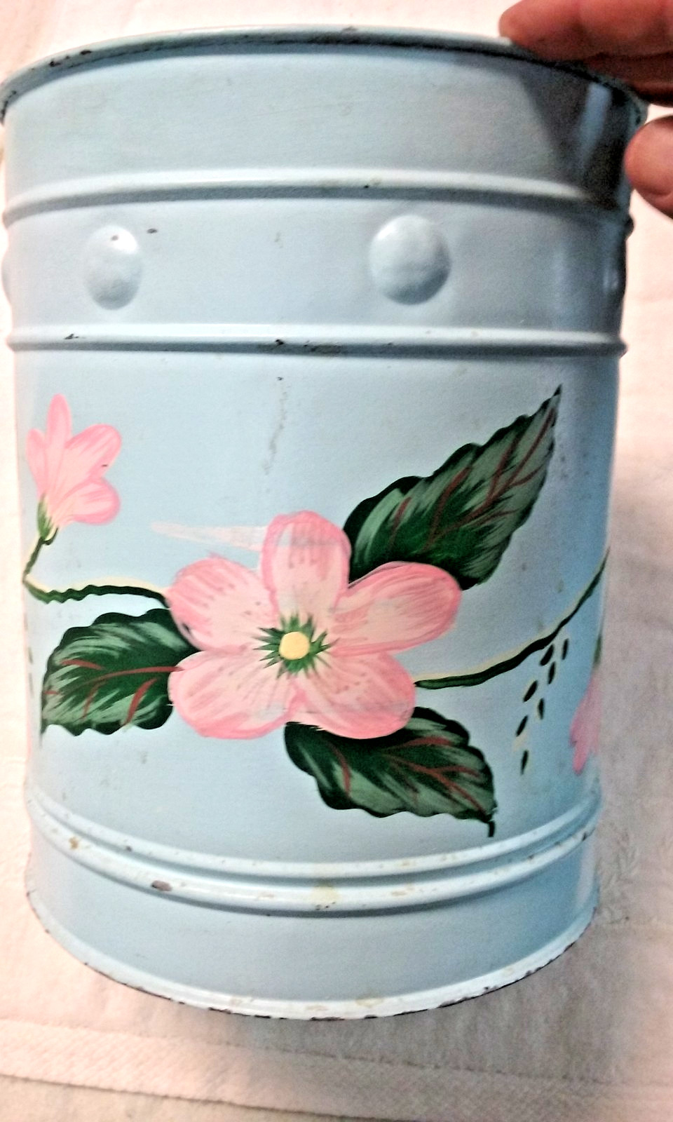 vintage Hand Painted Floral Pink, Green & Blue Metal Round Waste Basket 10" high