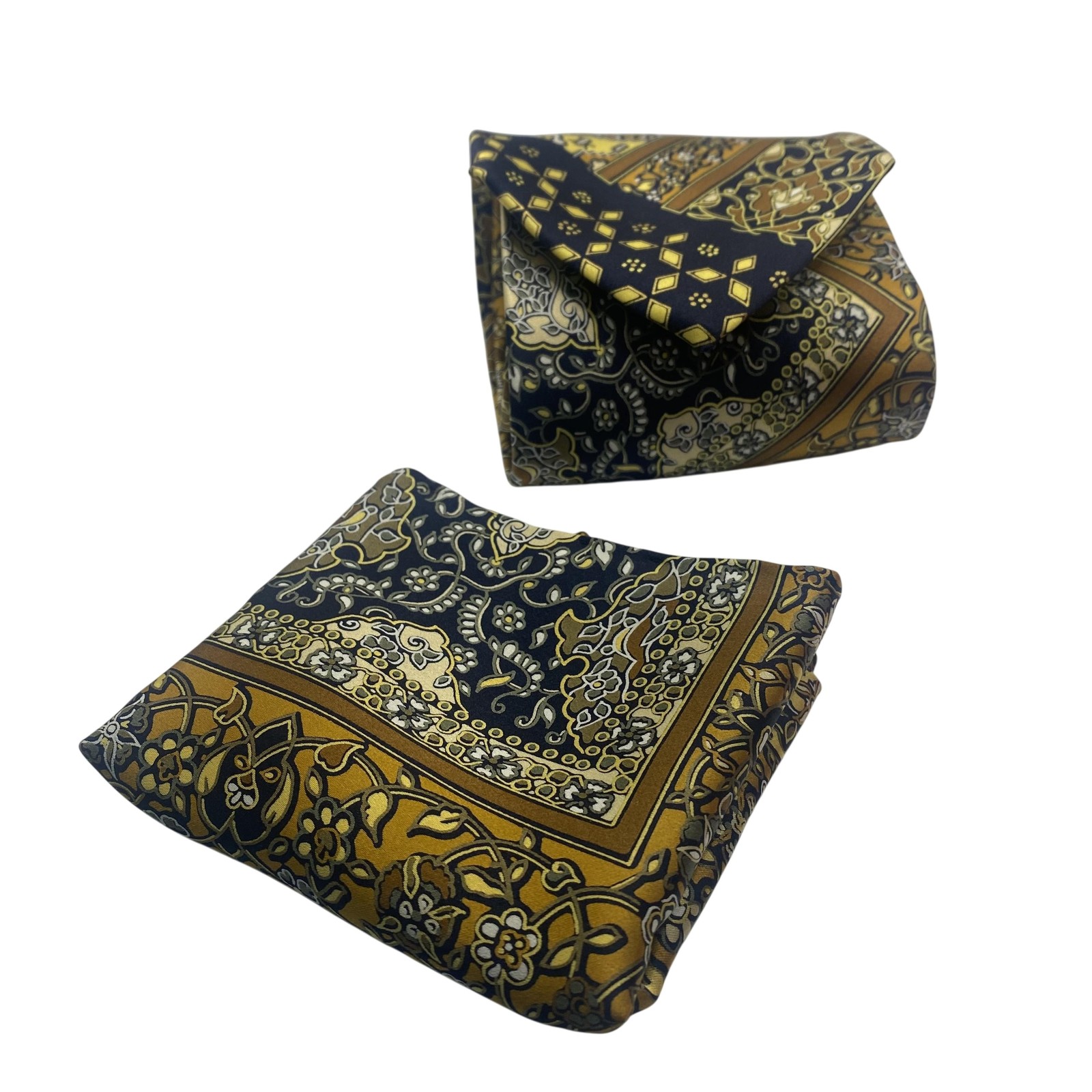 Brioni Tie Pocket Square Mens One Size Blue Gold 100% Silk Set Italy Boxed