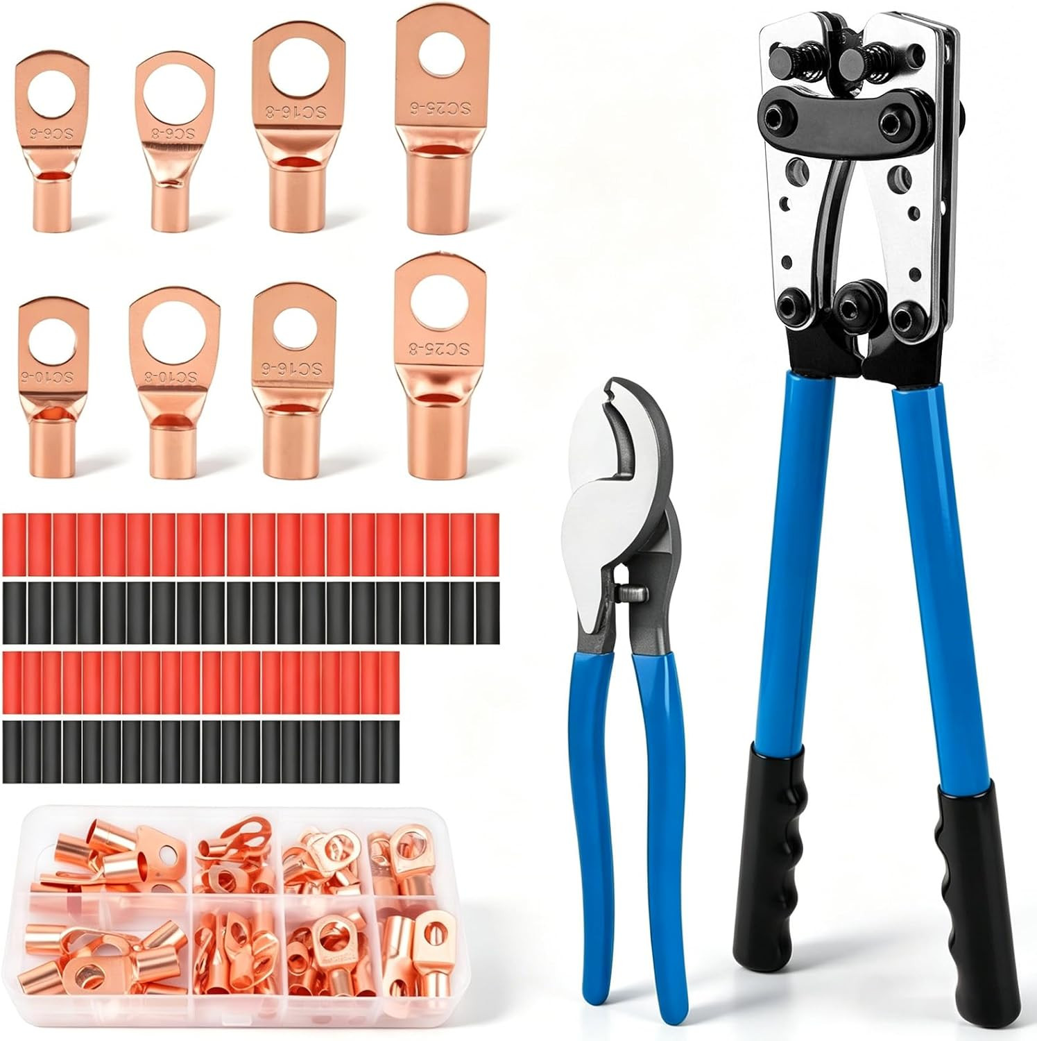Battery Cable Lug Crimping Tool with Cable Cutter, 60Pcs Copper Lugs & 80Pcs Hea