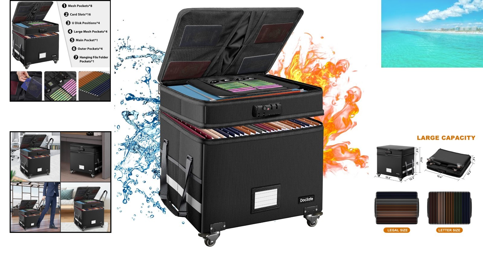 Collapsible Fireproof File Box with Lock and Wheels - Secure Document Storage