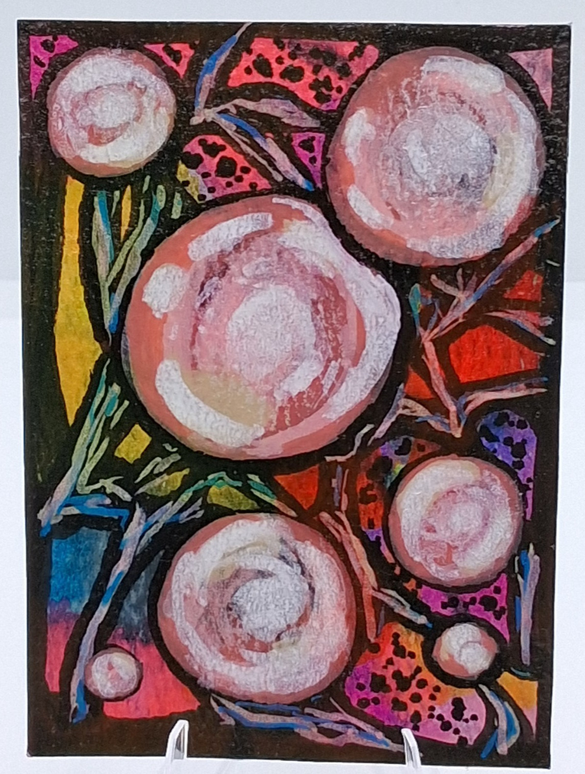 ACEO Art Painting Pink Bubbles Abstract 2.5x3.5 Mixed Media Chadhemp studio