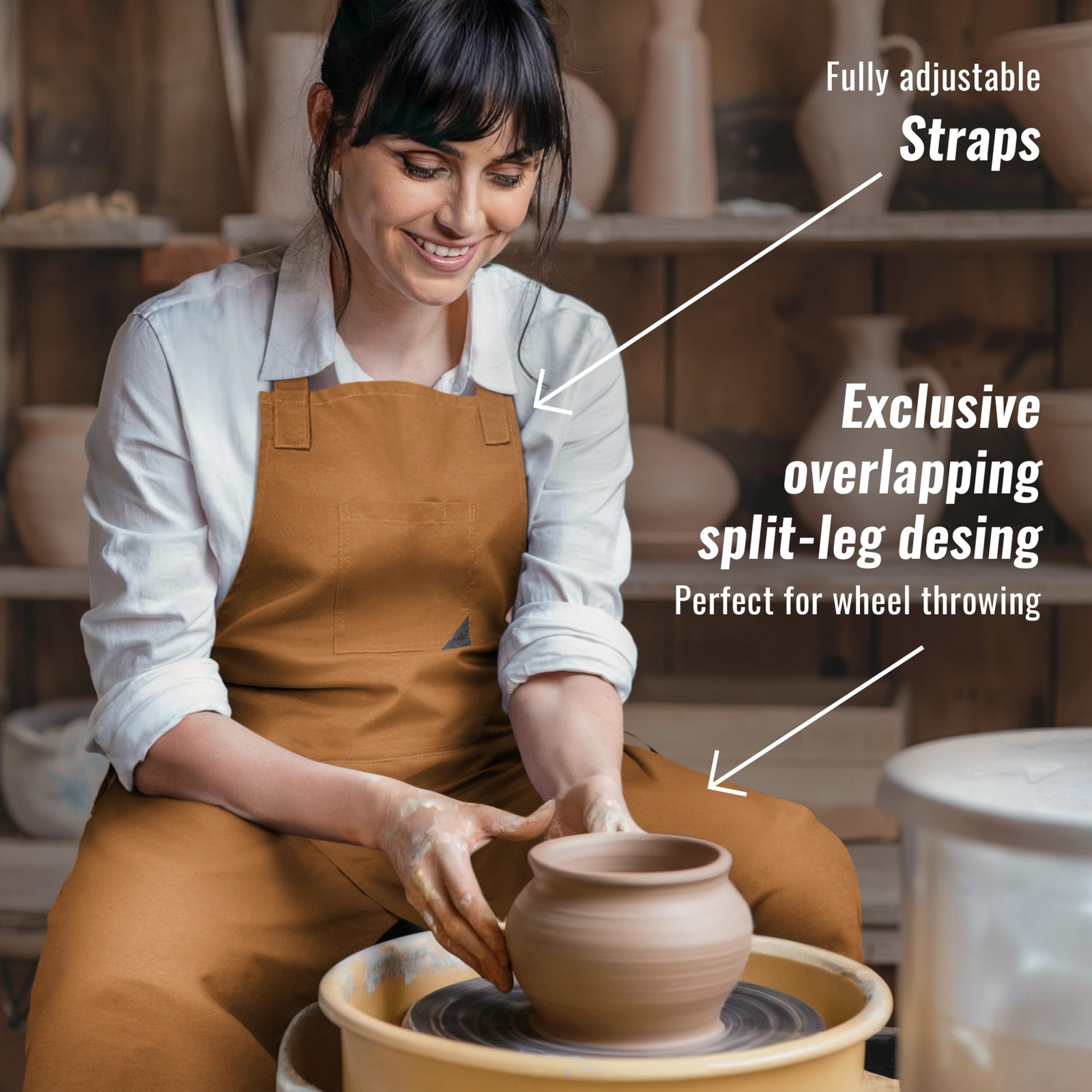 Pottery Apron, Overlapping Split Leg, Extra Coverage, Caramel | The Overlap D...