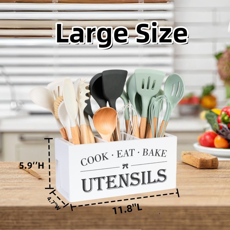 Kitchen Utensil Holder with 3 Compartments, Rustic Wooden Storage white