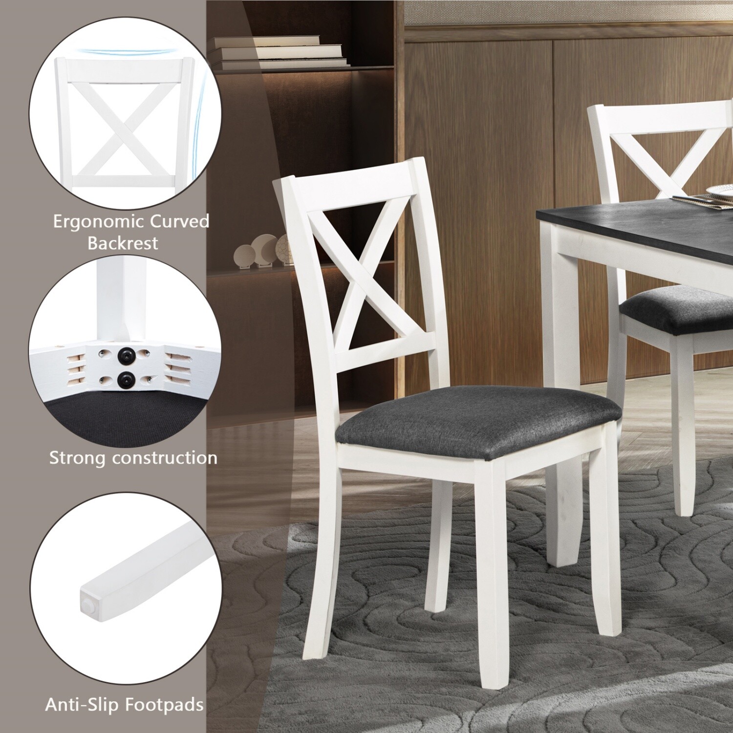 6 Piece Dining Table Set Wooden Dining Table Kitchen Table with 4 Chair & Benchs