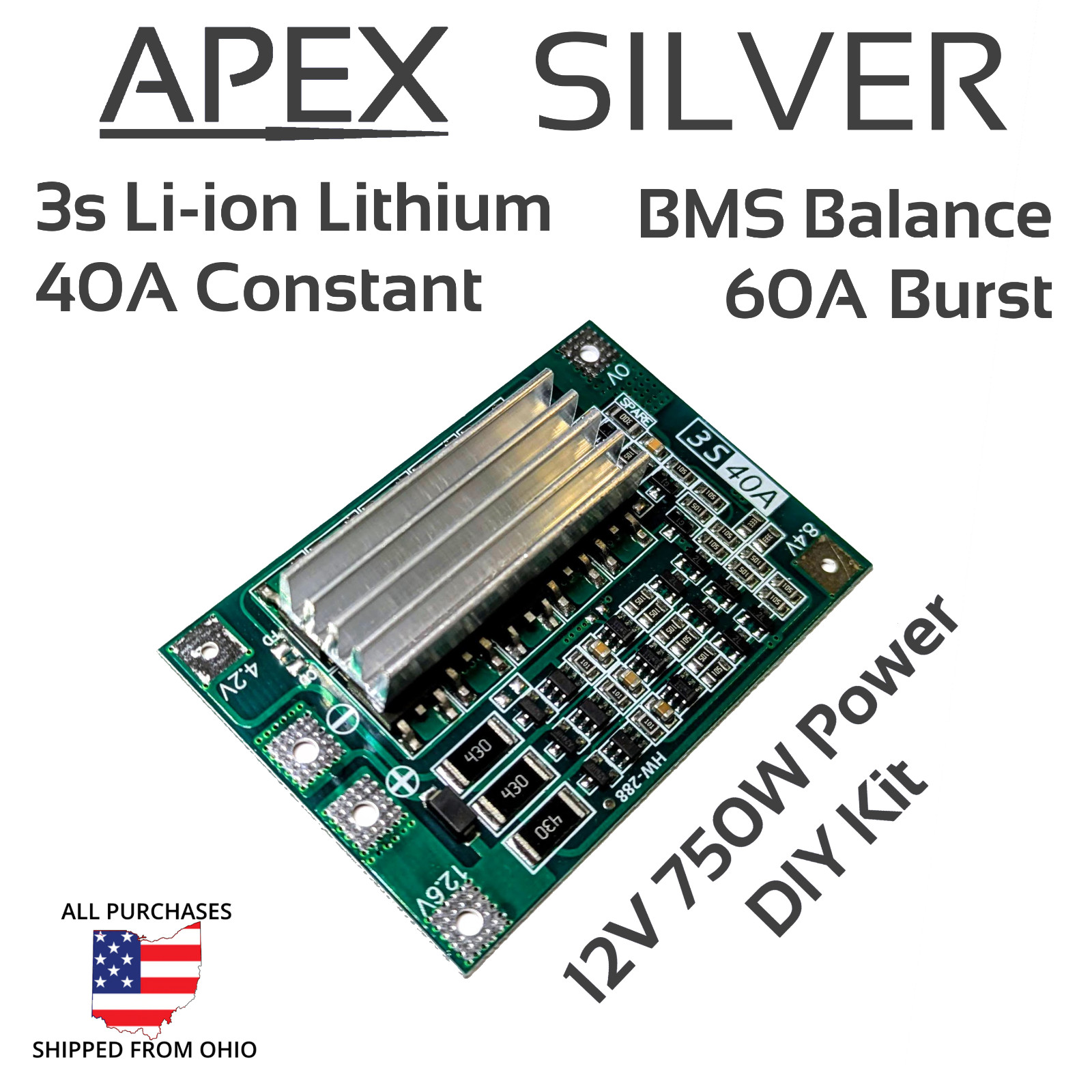 BMS 3S 40A 60A 12.6v Li-ion Lithium APEX SILVER Battery Balance
