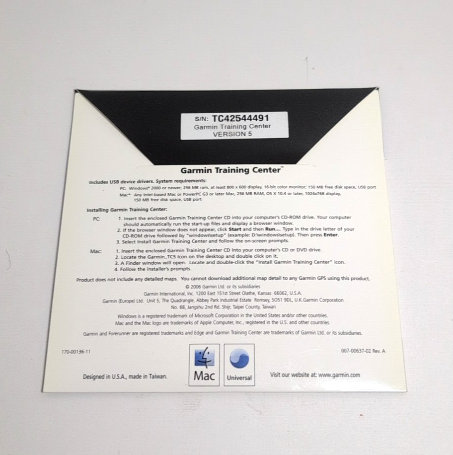GARMIN TRAINING CENTER VERSION 5 CD-ROM 2006 - MAC OS X / MICROSOFT WINDOWS