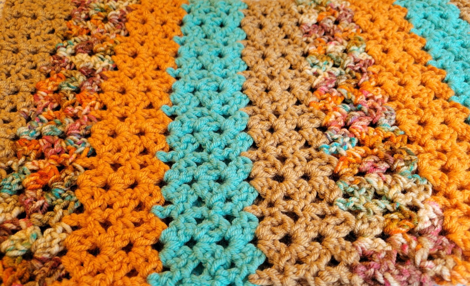 Hand Knit Wrap Shawl, 17"x48", Tan, Turquoise, Orange, Table Runner, Brand New