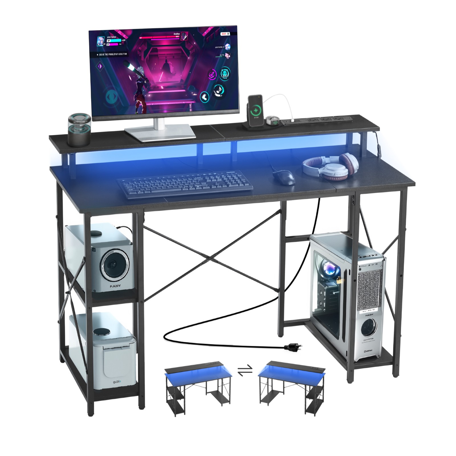 Uimoso 47" Computer Desk with LED Lights, Power Outlets, and Reversible Design