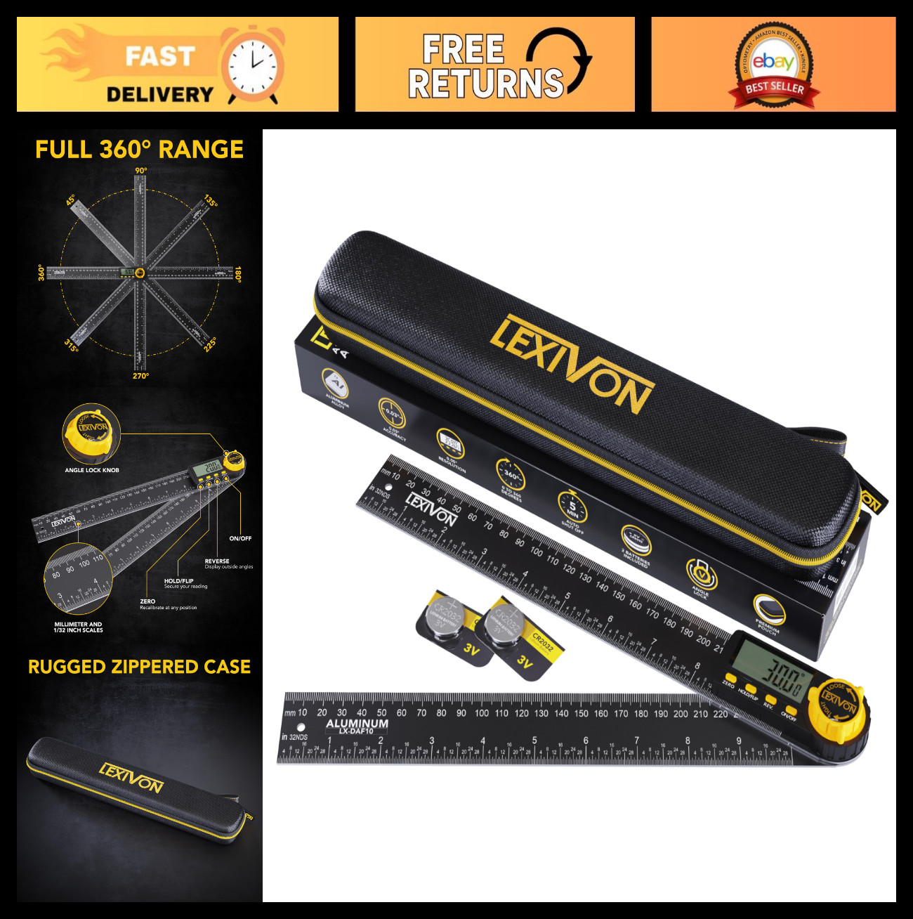 Digital Angle Finder Gauge 10" Protractor with XL Display & Zippered Pouch