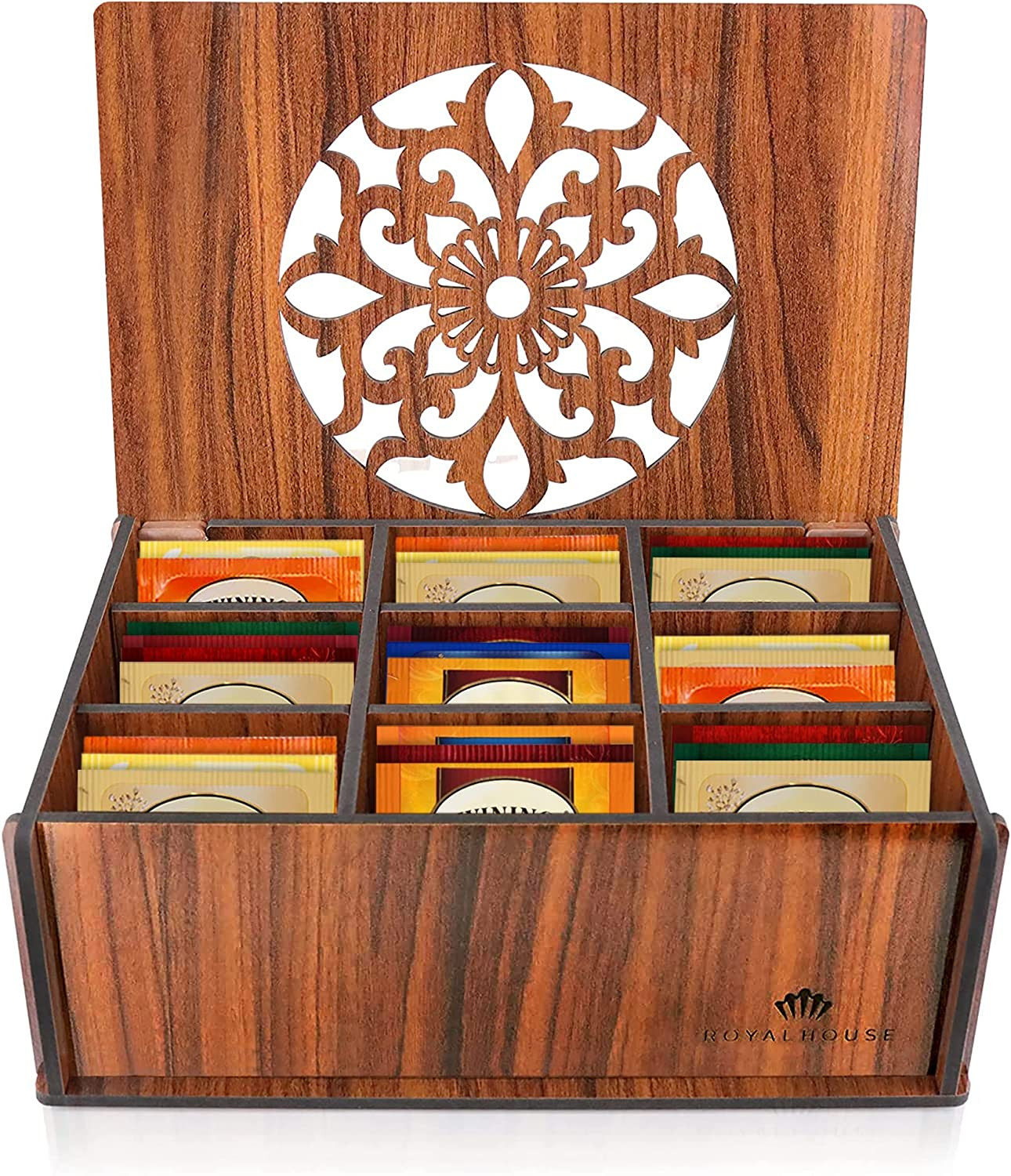 Tea Storage Box Organizer with 9 Compartments for Assorted Tea Bags Brown