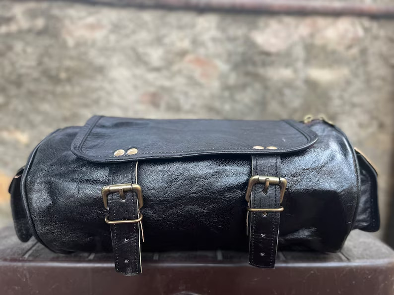 Vintage Goat Leather Bike Tool Bag Strap Buckle Closure Black Genuine New