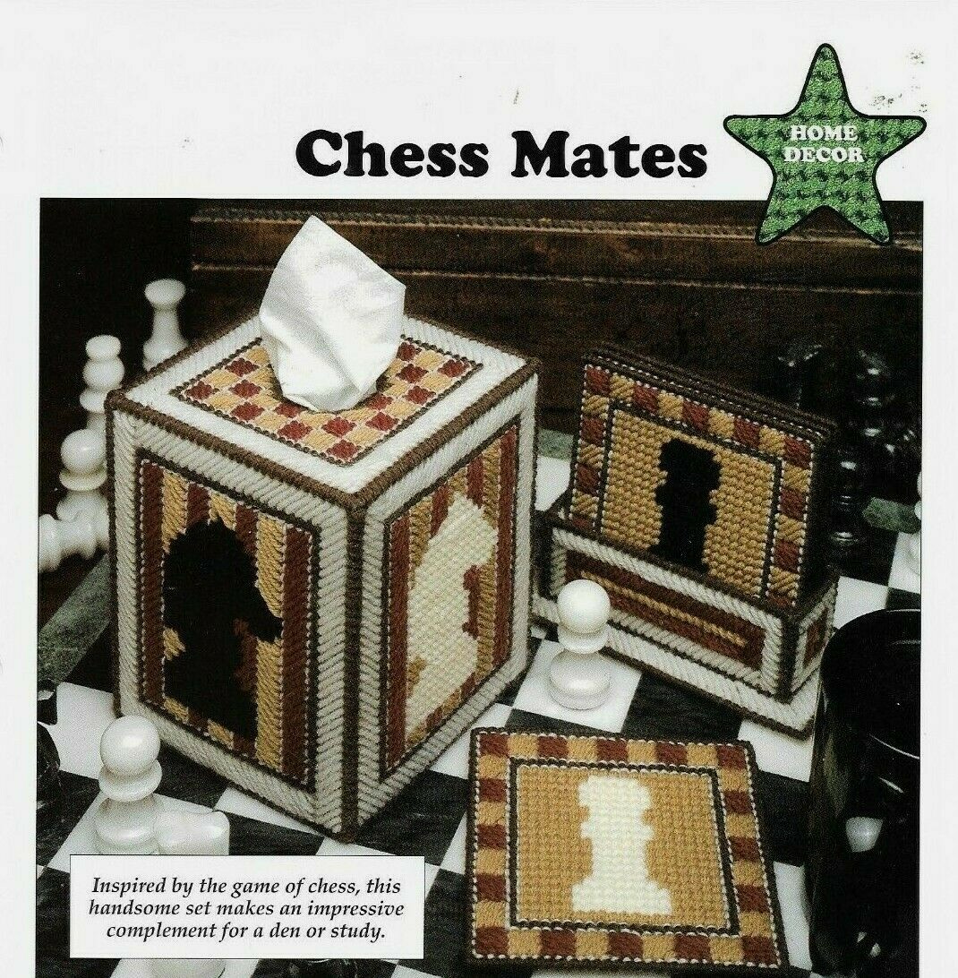 NEW CHESS MATES TISSUE COVER & COASTERS PLASTIC CANVAS PATTERN INSTRUCTIONS