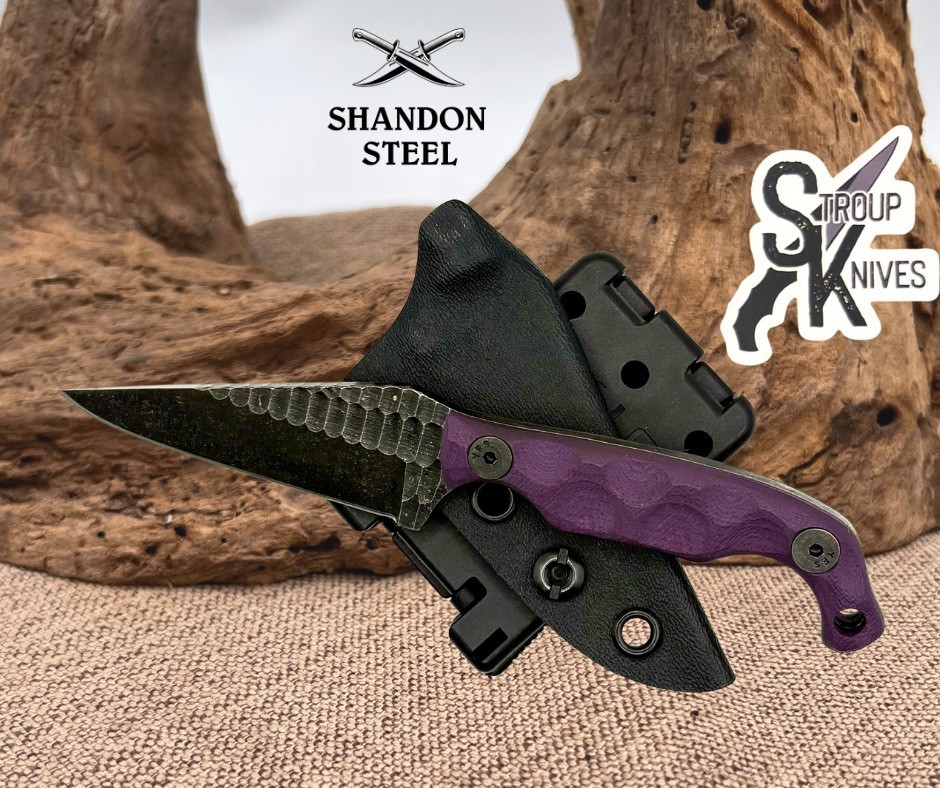 Stroup Knives Mini Fixed Knife 3" 1095HC Steel Full Tang Blade Purple G10 Handle