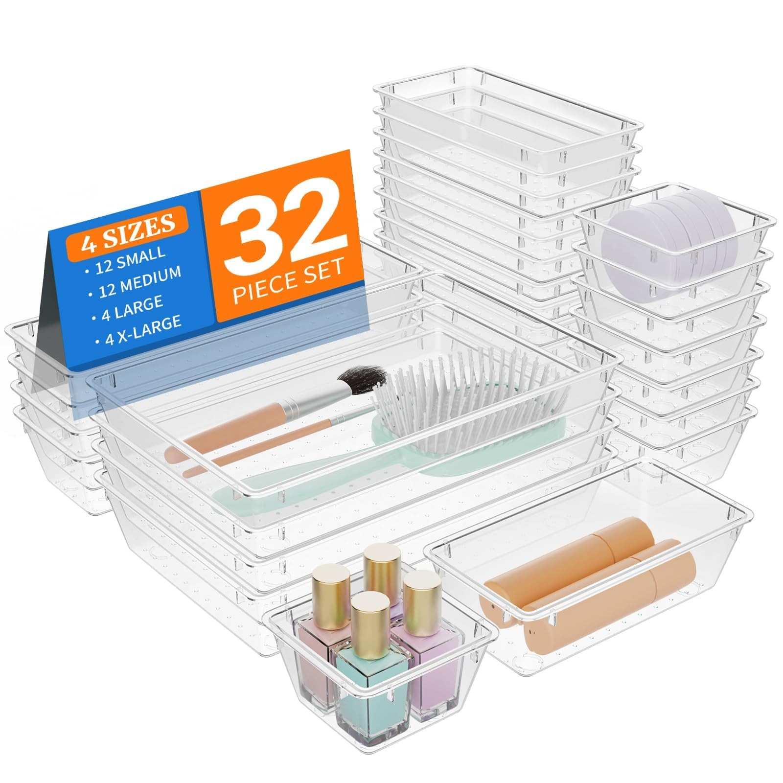 StorMiracle 32 PCS Clear Plastic Drawer Organizer Set, 4-Size vanity