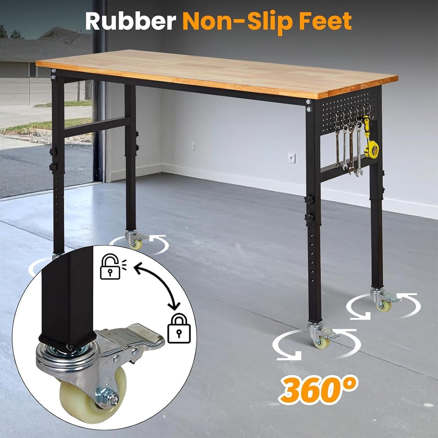 L Shaped Adjustable Workbench with Pegboard Power Outlets Wheels 2000lb Capacity
