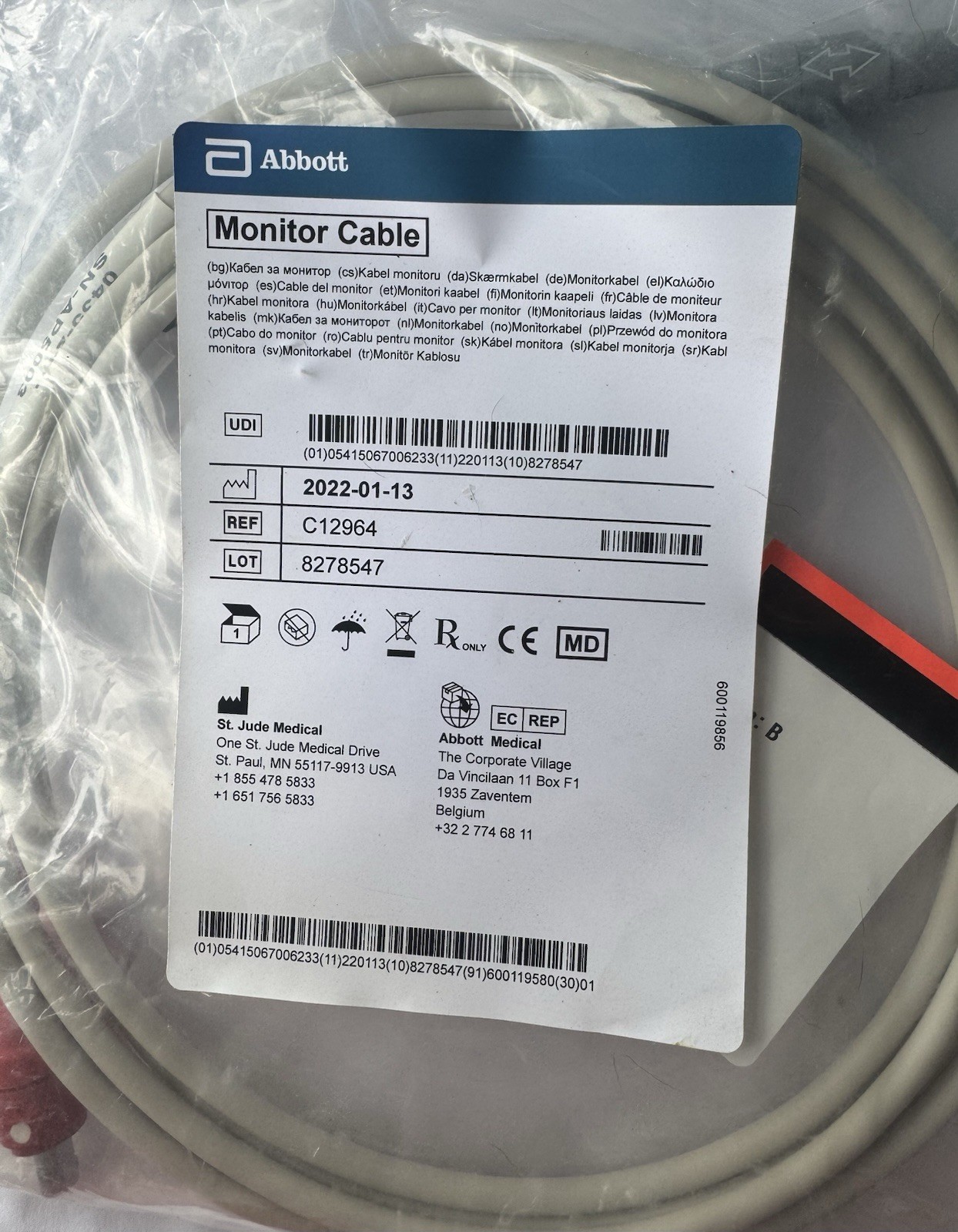 St.Jude Medical ABBOTT Monitor Cable Cardiovascular Blood Pressure C12964