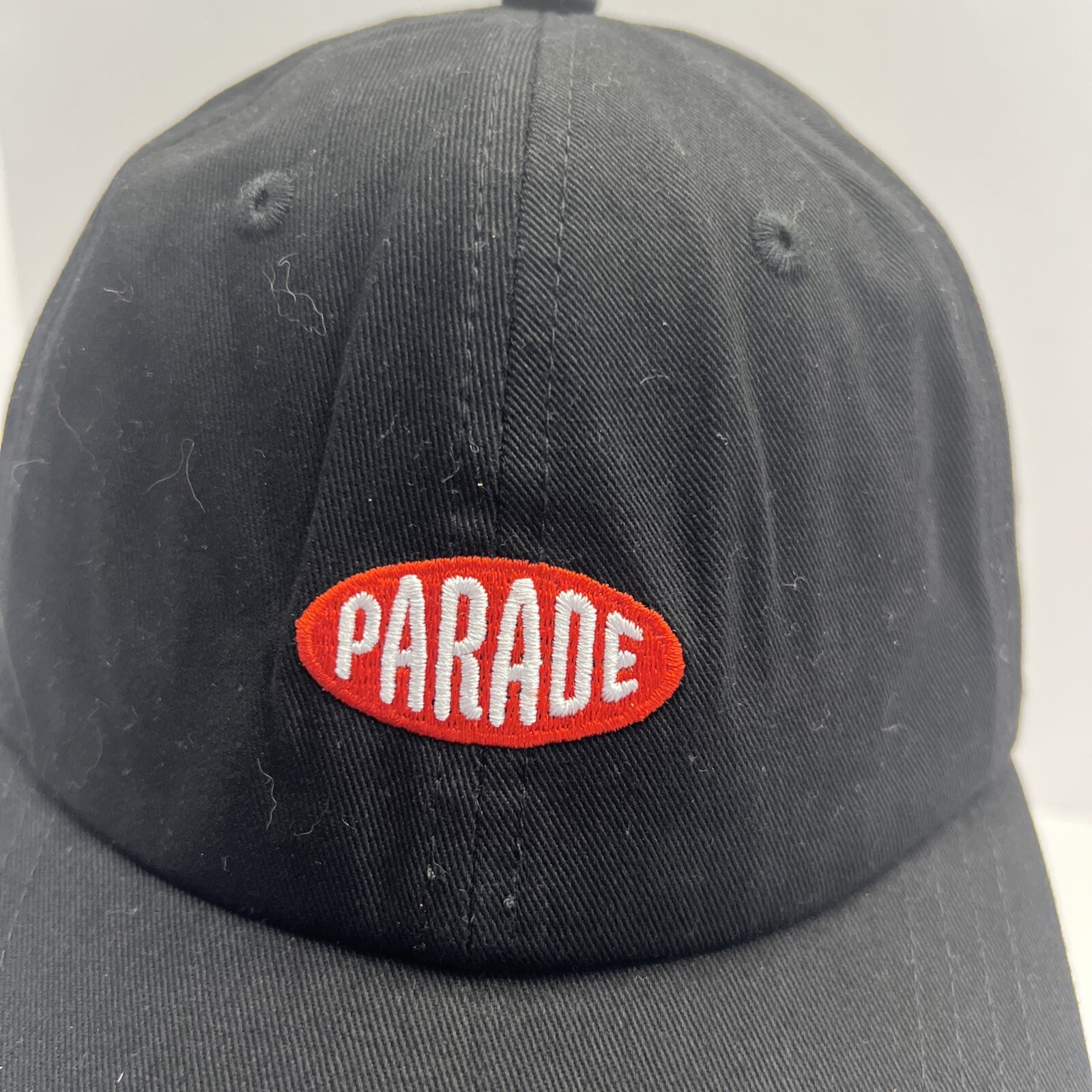 Parade Orange White Patch on Black Hat Cap Cotton Strap Buckle EUC