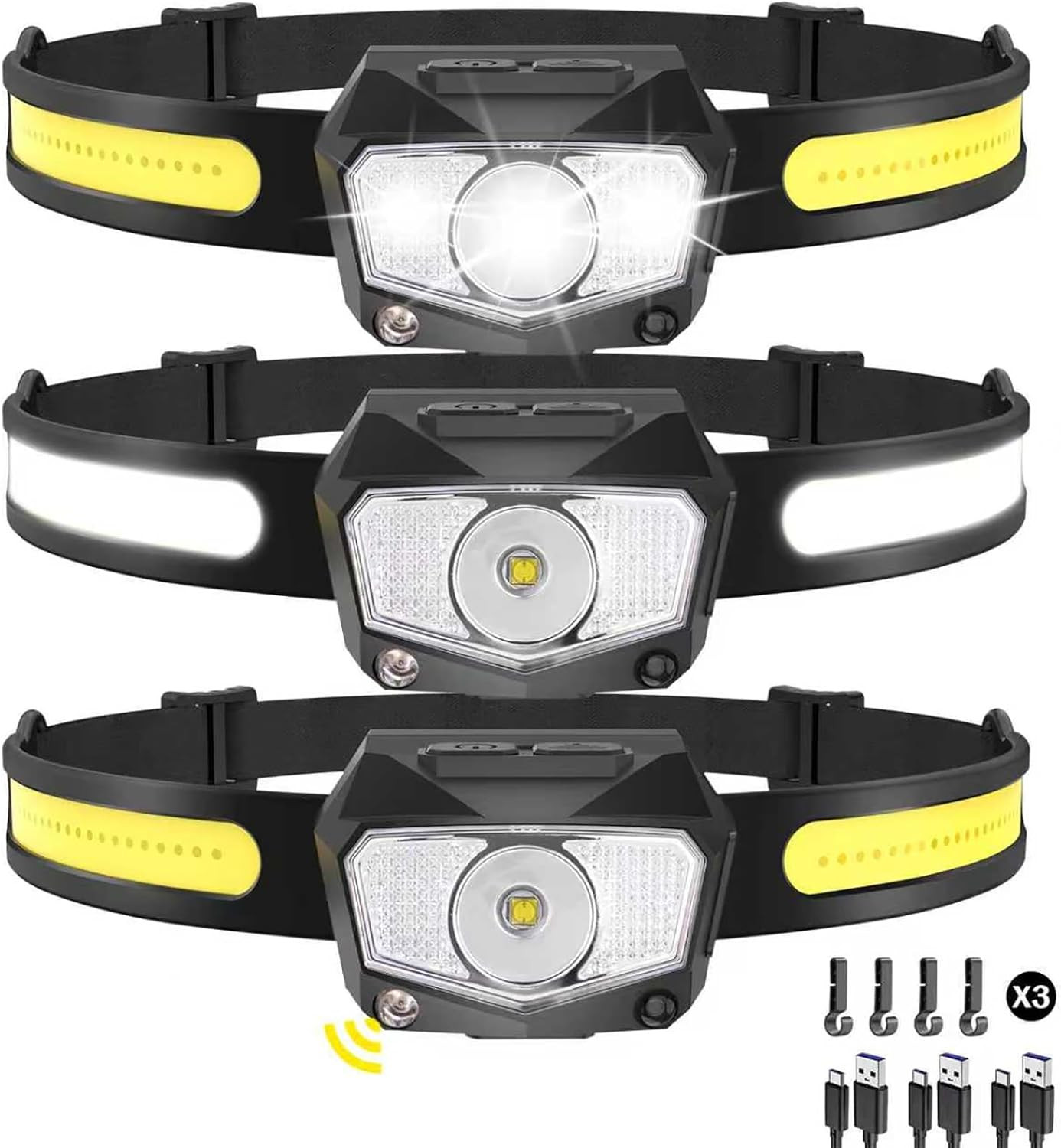 Headlamp Rechargeable 3Pack, 230°Wide Beam COB & 60° Super Birght LED Head Lamp