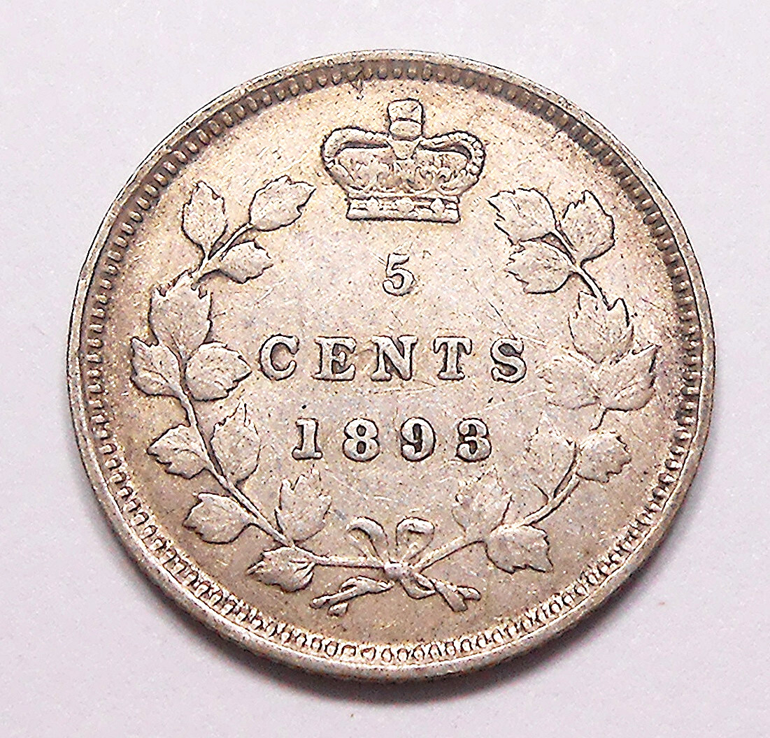 1893 Five Cents Silver VF-EF * Beautiful HIGH Grade Queen Victoria OLD Canada 5¢