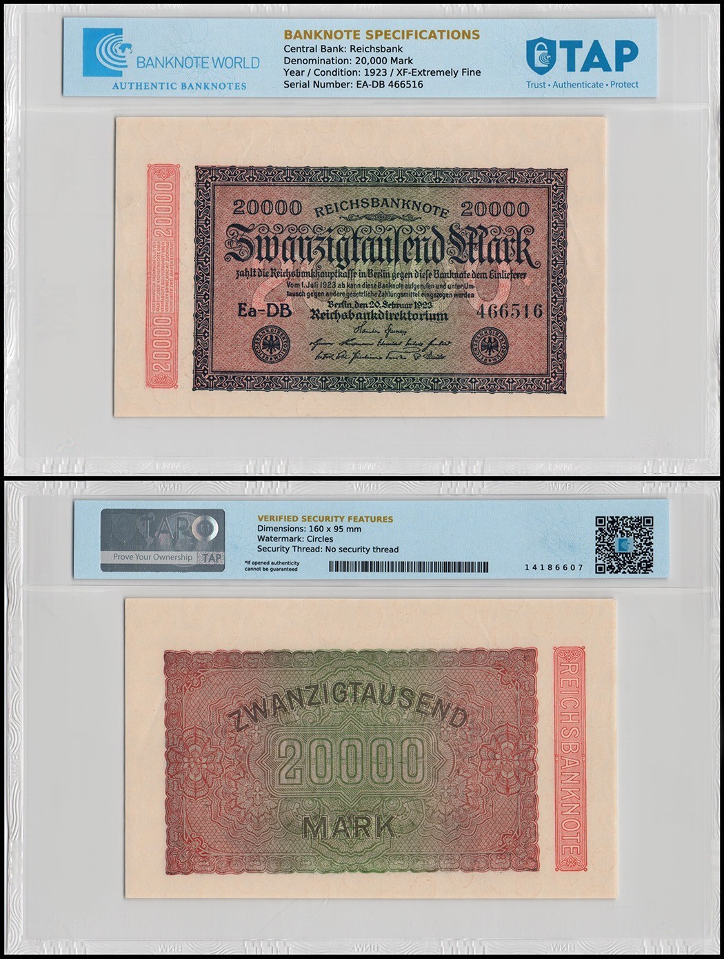 Germany 20000 Mark, 1923, P-85a, XF-Extremely Fine TAP Authenticated