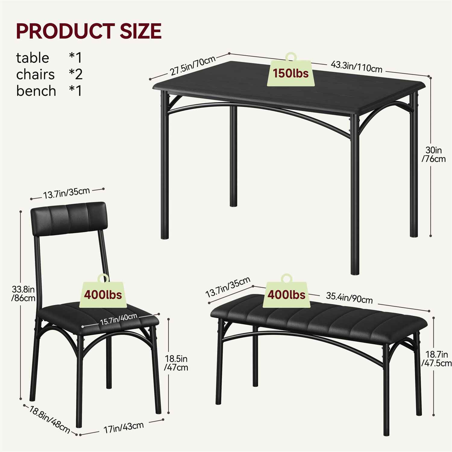Dining Table Set for 4 Kitchen Table W/Upholstered Chairs and Bench Rectangular