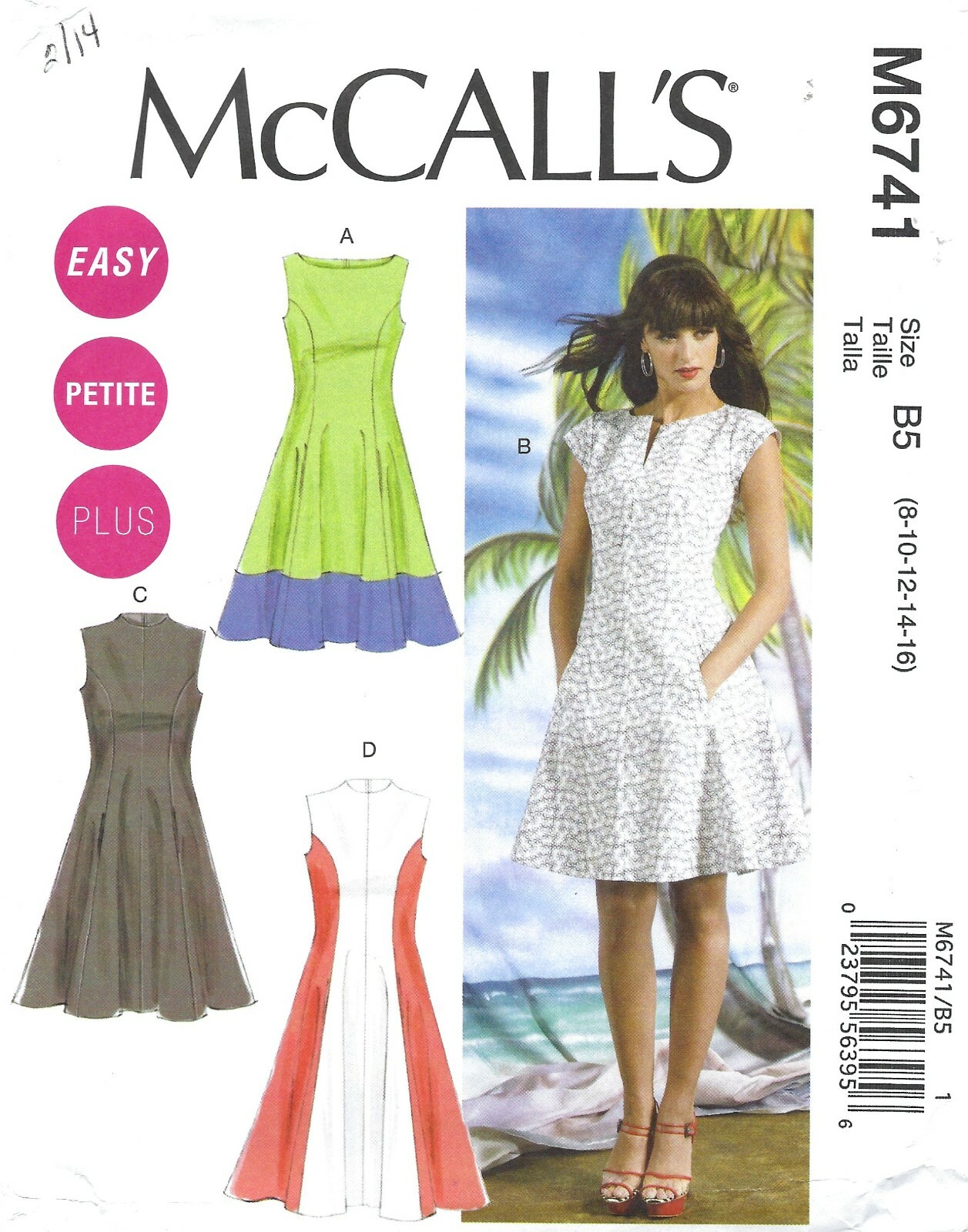 McCall's M6741 Fit & Flare Dress w Pockets, Raised or Jewel Neck Sz 8-16 UNCUT