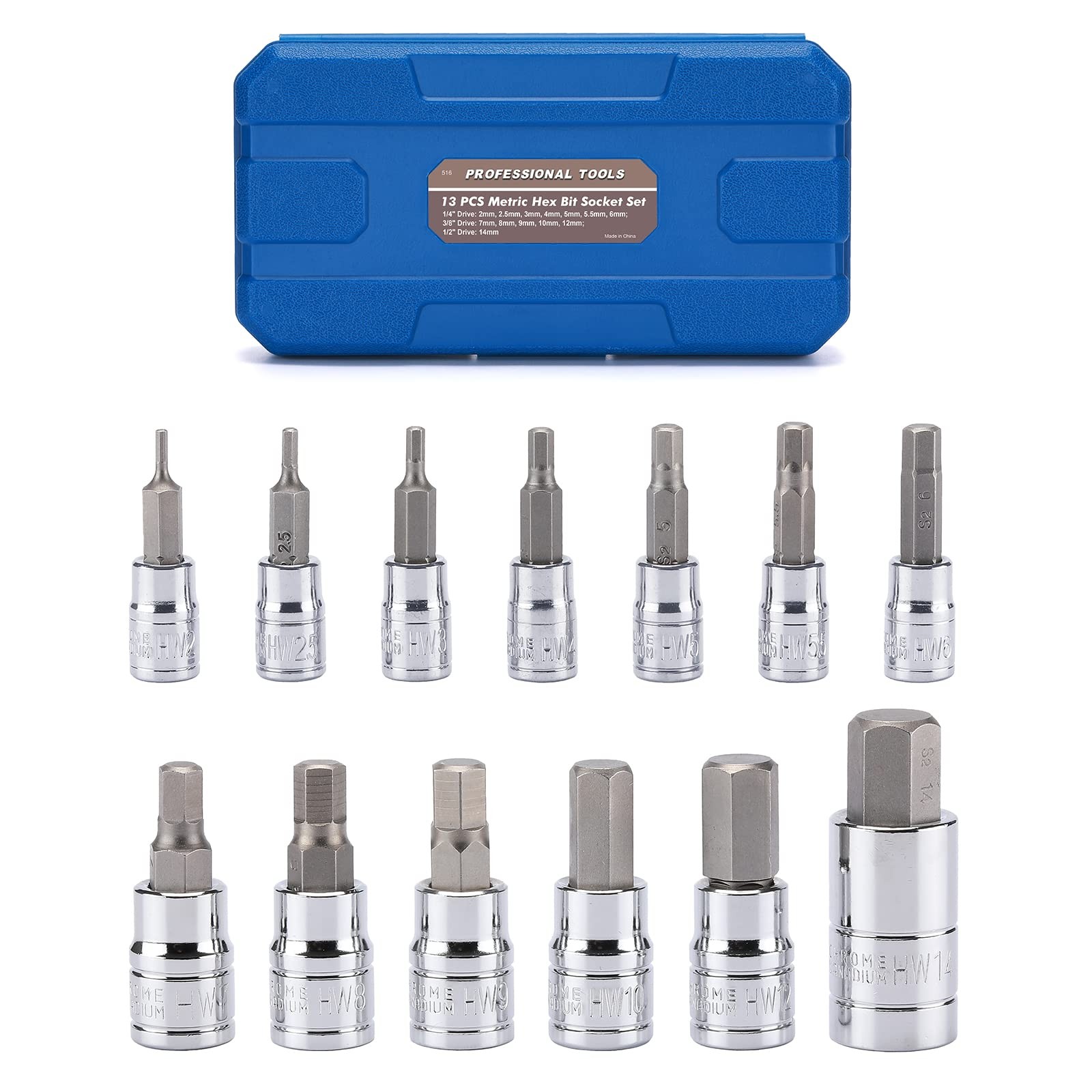13PCS Metric Hex Bit Socket Set, CR-V Allen Bit Socket Kit, S2 Steel, 2mm - 1...