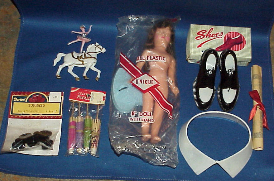 VINTAGE CAKE TOPPER DECORATING SUPPLY LOT DOLL,SHOES AND MORE
