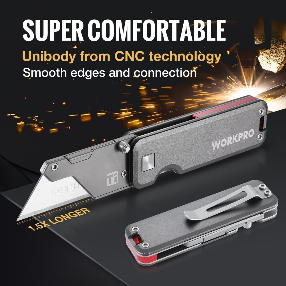 WORKPRO Folding Utility Knife Titanium CNC Unibody Box Cutter Quick Change Blade