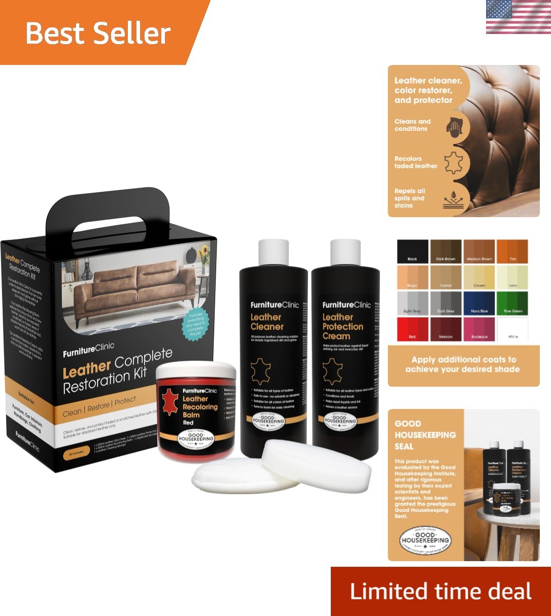Leather Complete Restoration Kit | with Leather Recoloring Balm, Cleaner, 2-i...