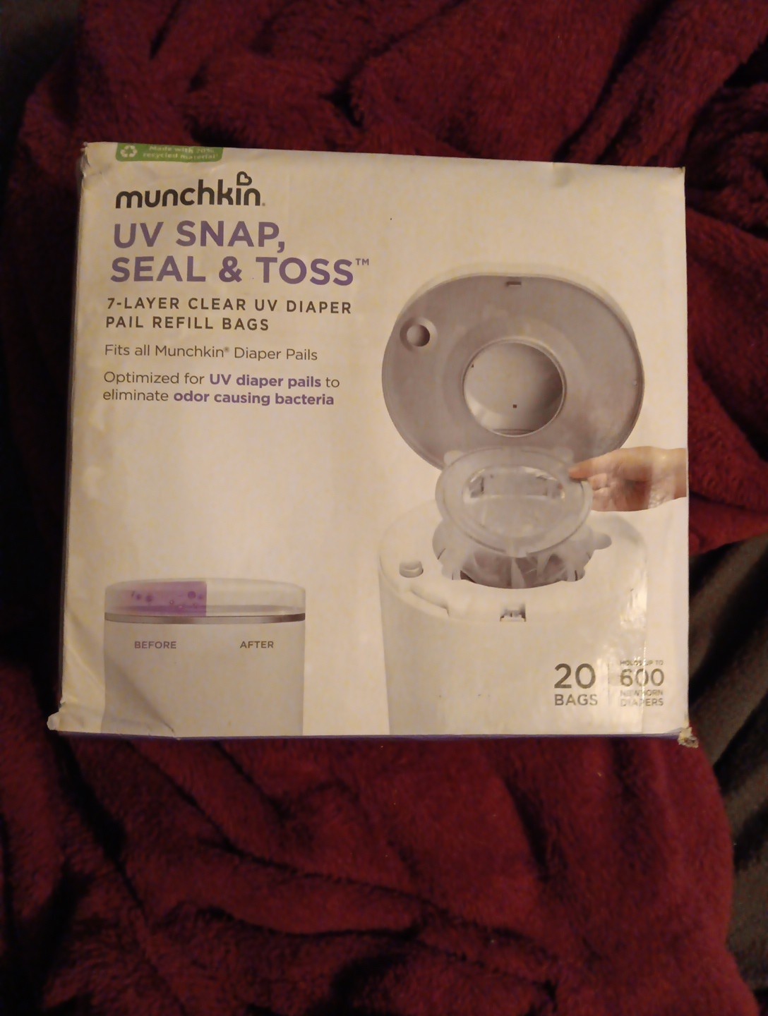 Munchkin UV Snap Seal & Toss Refill Bag Box of 20 Holds 600 Diapers 21407 NEW