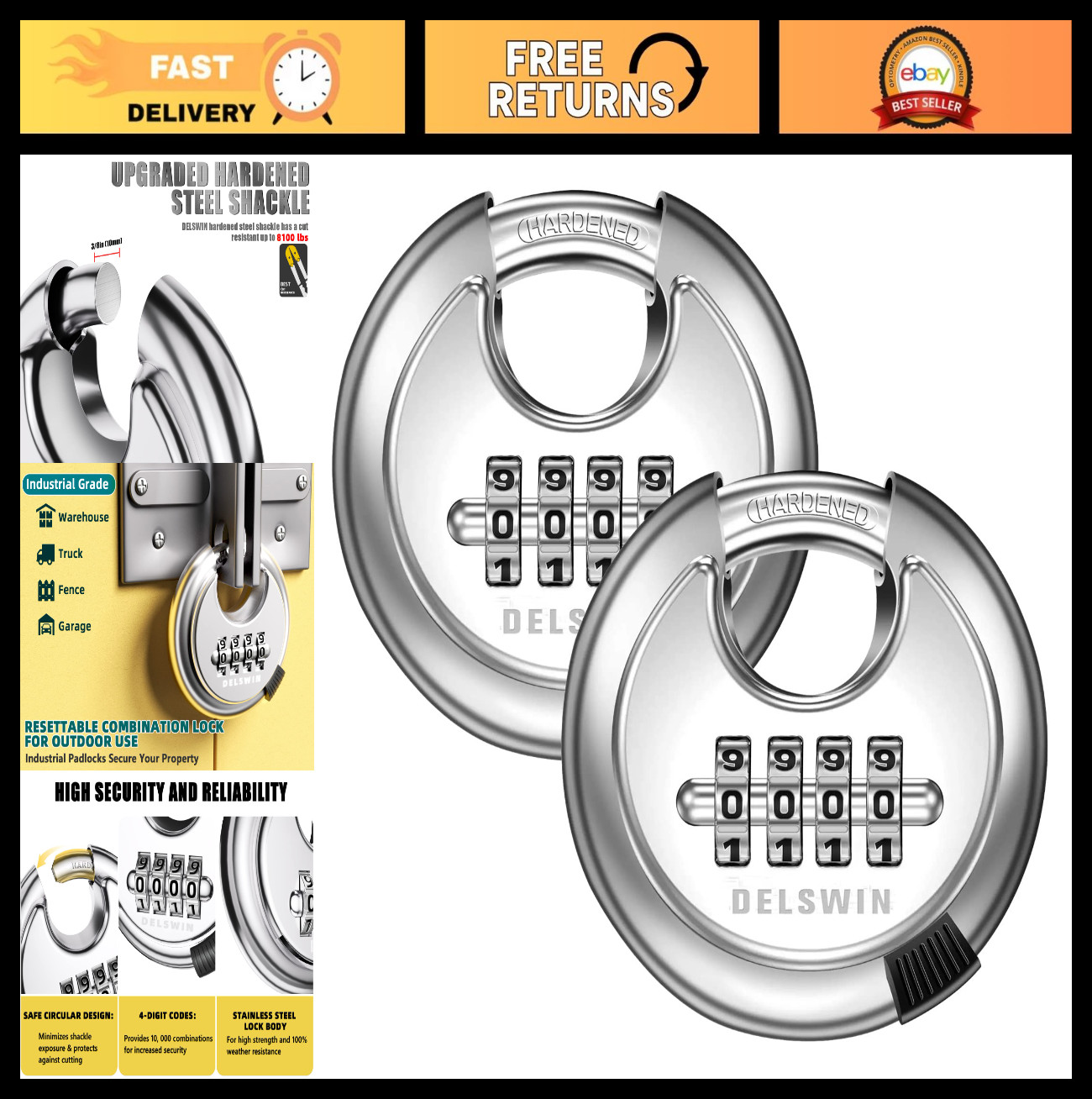 4-Digit Combination Disc Padlock - Hardened Steel Shackle, Outdoor Security Lock