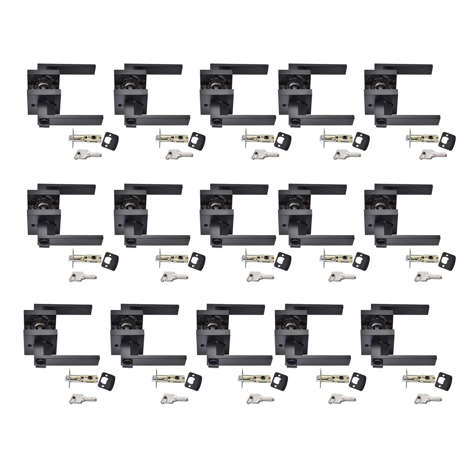 15PCS Privacy Door Handle Matte Black Square Door Lever Interior With Keys