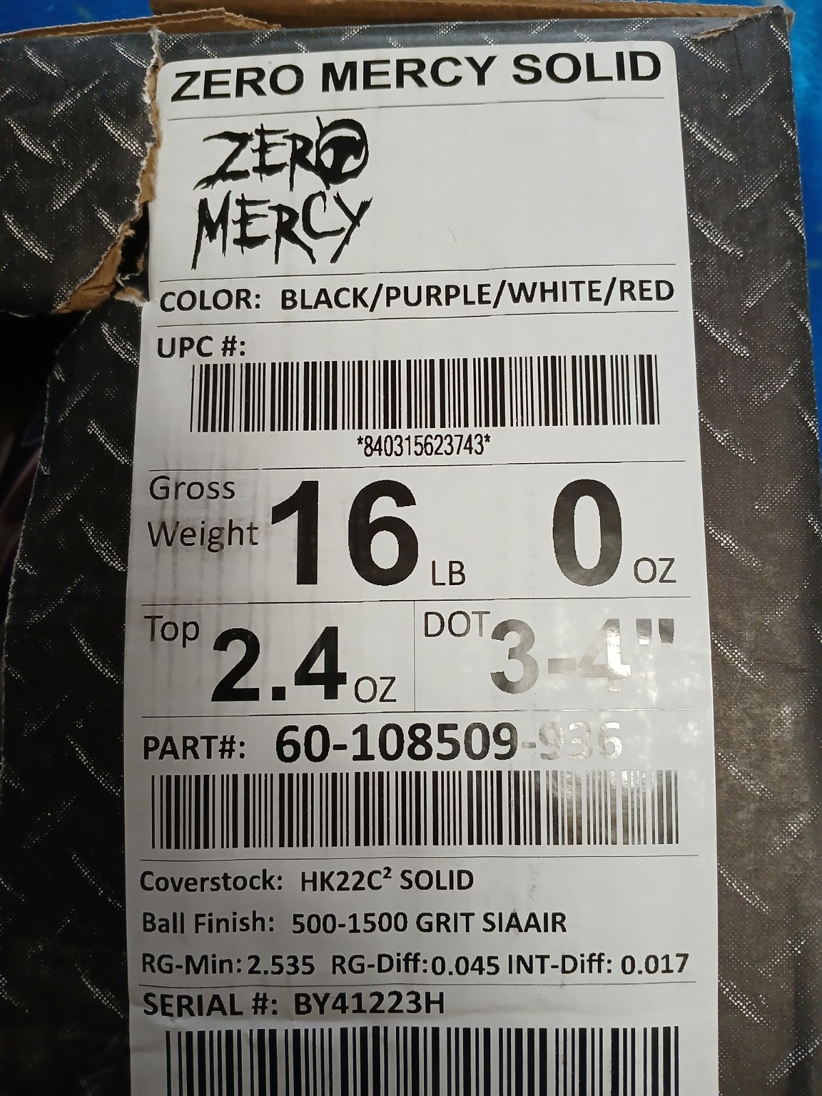 Zero Mercy Solid Bowling Ball 16 lb HK22C2 Coverstock 500-1500 Grit Black/Purpl…